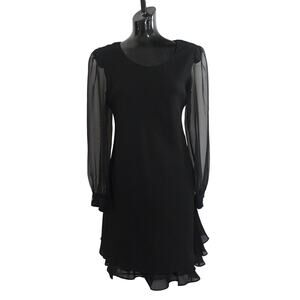 Vtg Black Cocktail Dress Sz 8 Long Sleeve Sheer Chiffon Flutter Hem CACHET USA